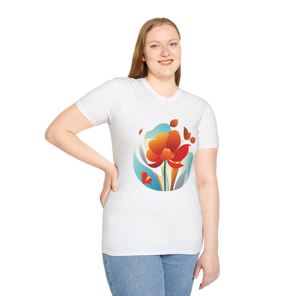 Floral Unisex T-Shirt - Minimalist Orange Red Flower Design